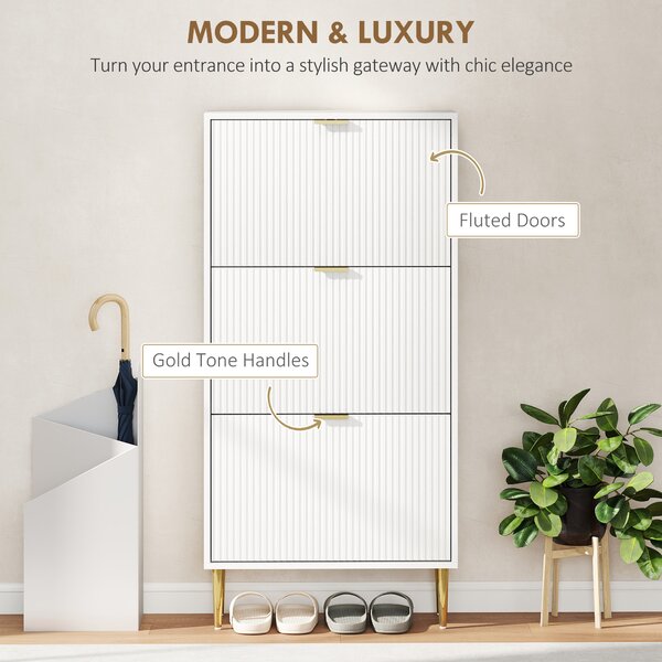 HOMCOM Narrow Shoe Cabinet with 3 Flip Drawers - White