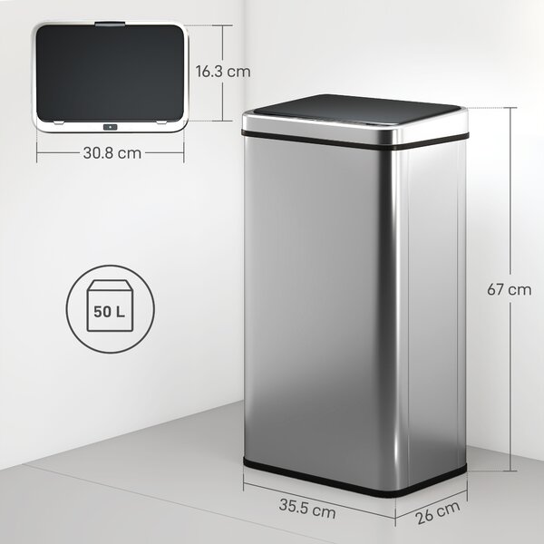 HOMCOM 50L Sensor Bin with Quiet Soft-Close Lid, Automatic Touchless Motion Sensor Kitchen Bin with Fingerprint Resistant Stainless Steel for Hygienic Gyms, Home Office Use, Silver Tone