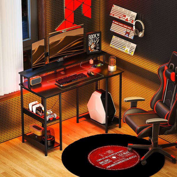 HOMCOM LED Computer Desk, with Power Outlets and Shelves - Carbon Fibre Grey