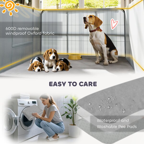 PawHut 7 Panel Dog Whelping Box, Heavy Duty Dog Playpen with Washable Pee Pads, Windproof Fabric, for Small and Medium Dogs