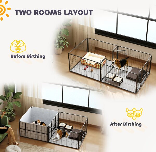 PawHut 7 Panel Dog Whelping Box, Heavy Duty Dog Playpen with Washable Pee Pads, Windproof Fabric, for Small and Medium Dogs
