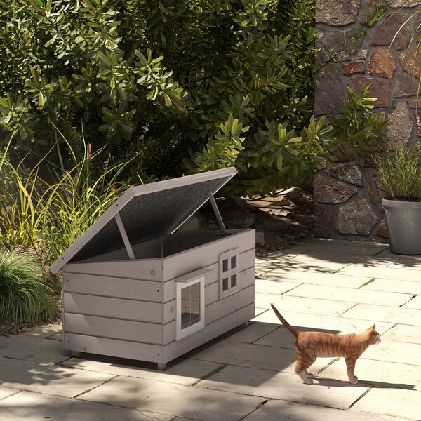 PawHut Wooden Cat House Outdoor, Elevated Cat Shelter Kennel, Pet Play House with Openable Top, Asphalt Roof, Window, Grey Aosom UK