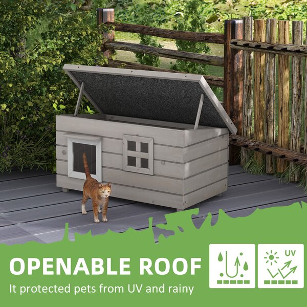 PawHut Wooden Cat House Outdoor, Elevated Cat Shelter Kennel, Pet Play House with Openable Top, Asphalt Roof, Window, Grey Aosom UK