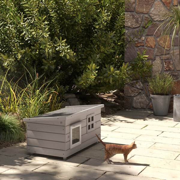 PawHut Wooden Cat House Outdoor, Elevated Cat Shelter Kennel, Pet Play House with Openable Top, Asphalt Roof, Window, Grey Aosom UK