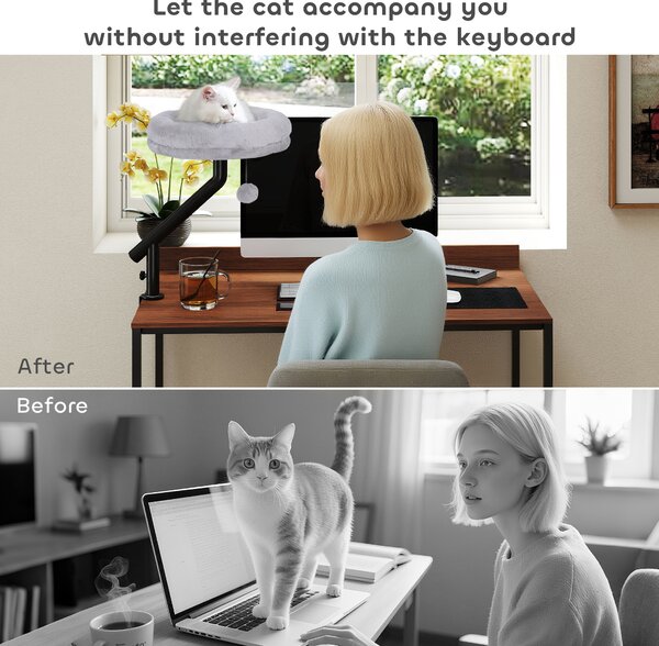 PawHut Cat Desk Bed, Cat Hammock 360° Rotatable Adjustable for Window, Table, Work, Grey