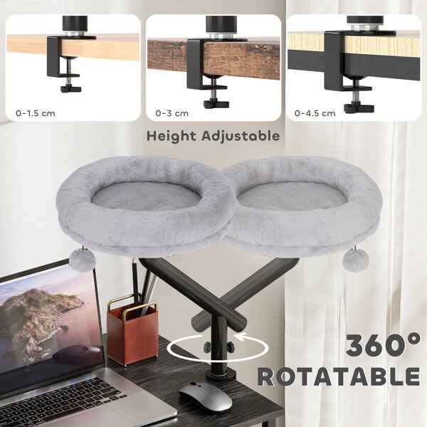 PawHut Cat Desk Bed, Cat Hammock 360° Rotatable Adjustable for Window, Table, Work, Grey