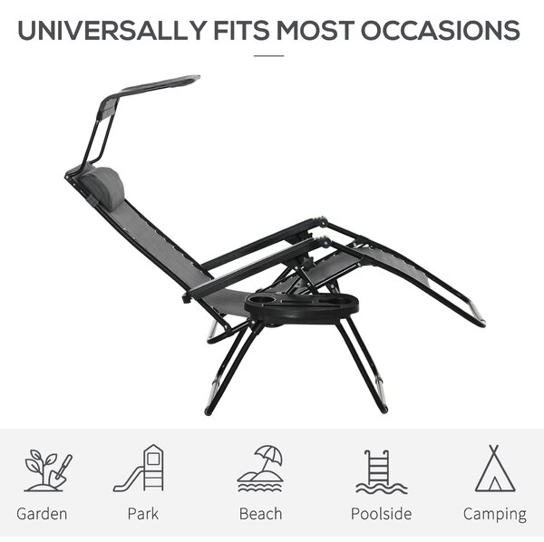 Outsunny 2 Piece Foldable Reclining Garden Chair with Headrest, Zero Gravity Deck Sun Lounger Seat Chair with Canopy Shade, Light Grey