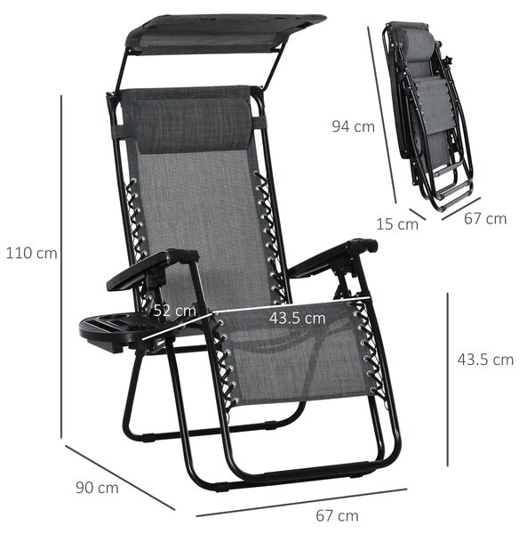 Outsunny 2 Piece Foldable Reclining Garden Chair with Headrest, Zero Gravity Deck Sun Lounger Seat Chair with Canopy Shade, Light Grey