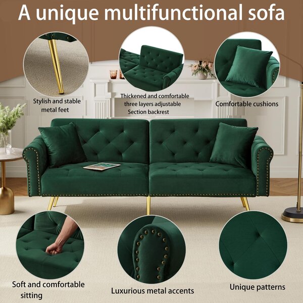 2-Seater Modern Sofa Bed with Velvet Upholstery and Adjustable Backrests, Daybed Perfect for Living Room, 177L x 74W x 71H cm, Green Aosom UK