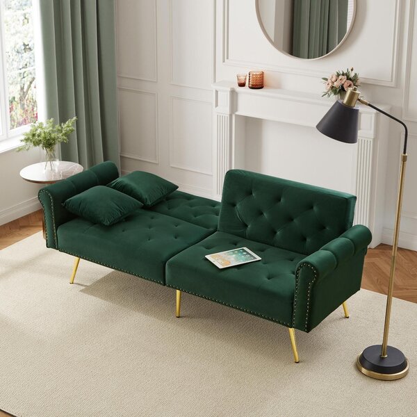 2-Seater Modern Sofa Bed with Velvet Upholstery and Adjustable Backrests, Daybed Perfect for Living Room, 177L x 74W x 71H cm, Green Aosom UK