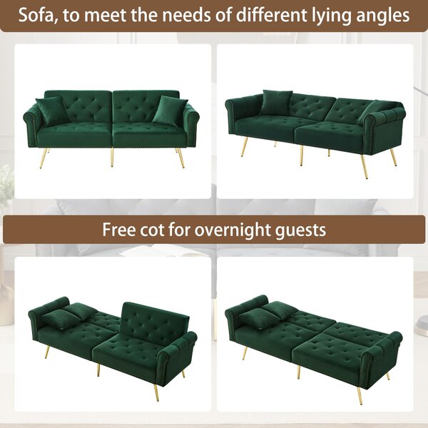 2-Seater Modern Sofa Bed with Velvet Upholstery and Adjustable Backrests, Daybed Perfect for Living Room, 177L x 74W x 71H cm, Green Aosom UK