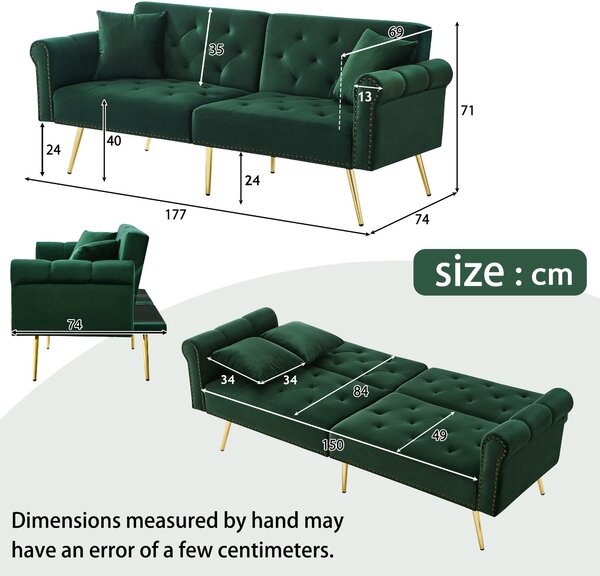 2-Seater Modern Sofa Bed with Velvet Upholstery and Adjustable Backrests, Daybed Perfect for Living Room, 177L x 74W x 71H cm, Green Aosom UK
