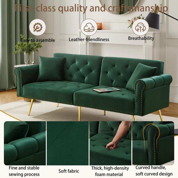2-Seater Modern Sofa Bed with Velvet Upholstery and Adjustable Backrests, Daybed Perfect for Living Room, 177L x 74W x 71H cm, Green Aosom UK