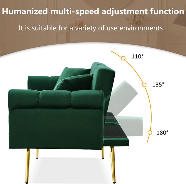 2-Seater Modern Sofa Bed with Velvet Upholstery and Adjustable Backrests, Daybed Perfect for Living Room, 177L x 74W x 71H cm, Green Aosom UK