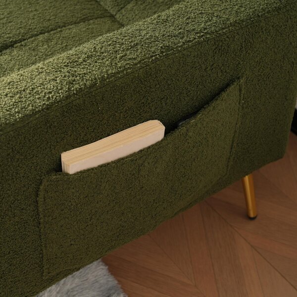 Convertible Sofa Bed with Adjustable Backrest, Gold Legs, Side Pockets, Sherpa Fabric Loveseat for Living Room, 176L x 64W x 75H cm, Green Aosom.UK