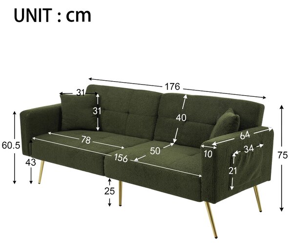 Convertible Sofa Bed with Adjustable Backrest, Gold Legs, Side Pockets, Sherpa Fabric Loveseat for Living Room, 176L x 64W x 75H cm, Green Aosom.UK