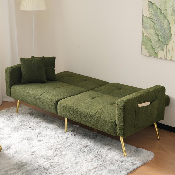 Convertible Sofa Bed with Adjustable Backrest, Gold Legs, Side Pockets, Sherpa Fabric Loveseat for Living Room, 176L x 64W x 75H cm, Green Aosom.UK