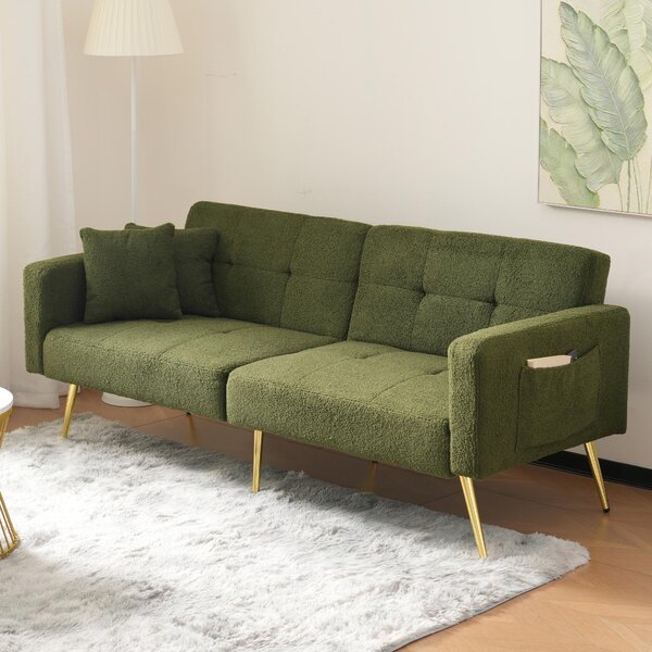 Convertible Sofa Bed with Adjustable Backrest, Gold Legs, Side Pockets, Sherpa Fabric Loveseat for Living Room, 176L x 64W x 75H cm, Green Aosom.UK