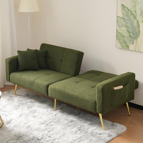 Convertible Sofa Bed with Adjustable Backrest, Gold Legs, Side Pockets, Sherpa Fabric Loveseat for Living Room, 176L x 64W x 75H cm, Green Aosom.UK