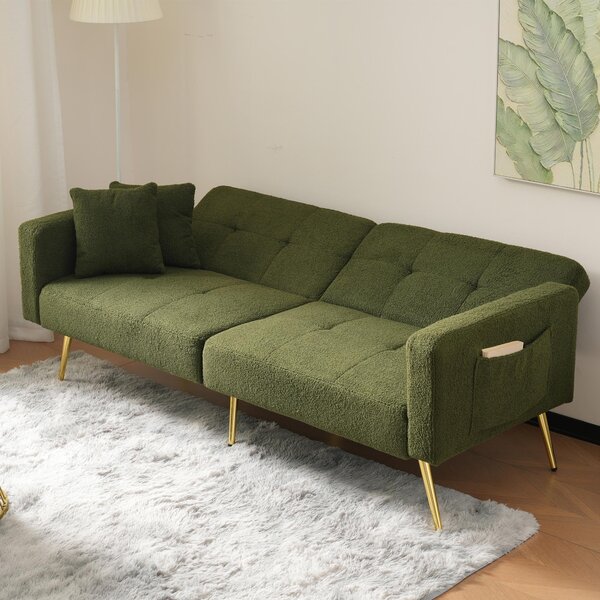 Convertible Sofa Bed with Adjustable Backrest, Gold Legs, Side Pockets, Sherpa Fabric Loveseat for Living Room, 176L x 64W x 75H cm, Green Aosom.UK