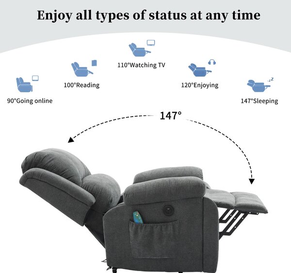 Power Massage Lift Recliner Chair with Heat and Vibration for Elderly, Heavy Duty Reclining Mechanism with Pockets and Cup Holders, Grey Aosom.UK