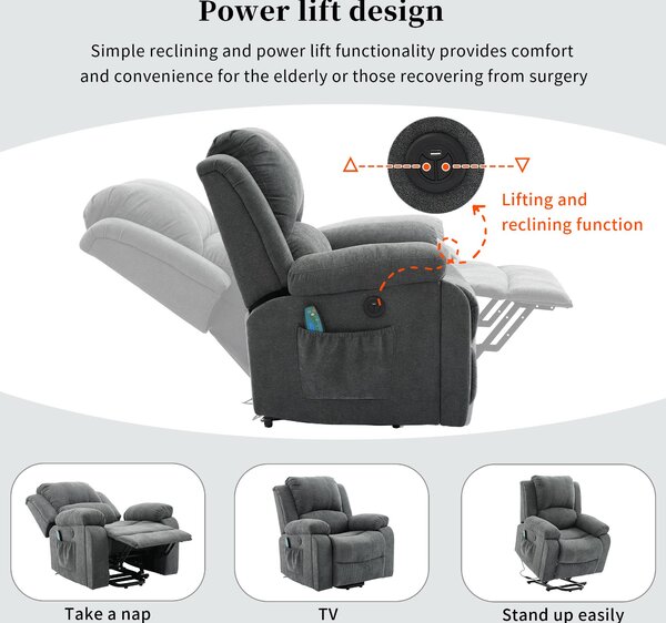 Power Massage Lift Recliner Chair with Heat and Vibration for Elderly, Heavy Duty Reclining Mechanism with Pockets and Cup Holders, Grey Aosom.UK