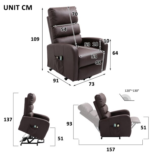 Power Lift Recliner Massage Chair with Heat and Vibration, Heavy Duty Safety Motion, Side Pockets, Remote Control, 73x91x109 cm, Brown Aosom UK