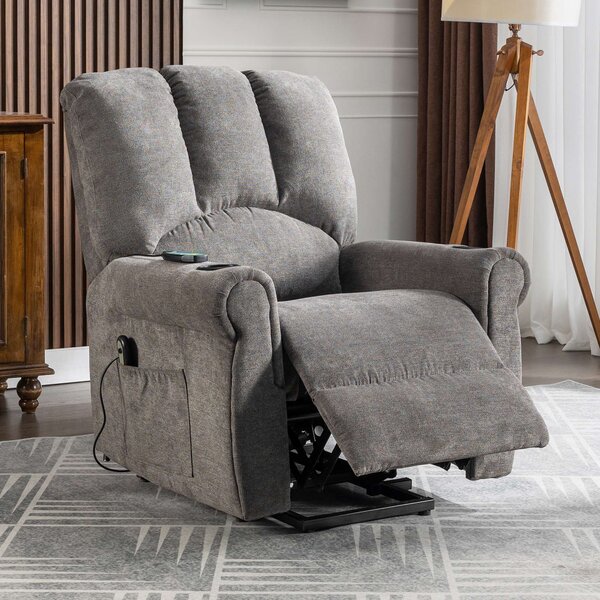 Electric Power Lift Recliner Chair with Single Motor, Heated Massage, Stand Assist, Storage Pockets, Cup Holders, 91x90x108 cm, Grey Aosom UK