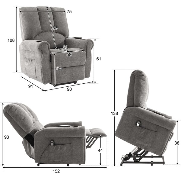Electric Power Lift Recliner Chair with Single Motor, Heated Massage, Stand Assist, Storage Pockets, Cup Holders, 91x90x108 cm, Grey Aosom UK