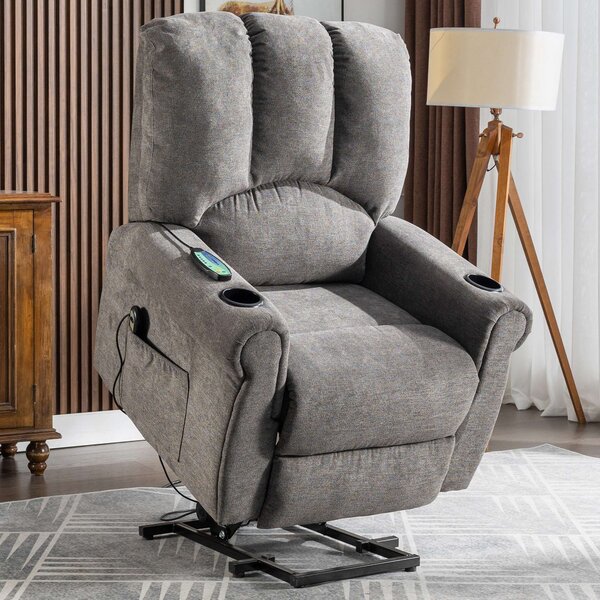 Electric Power Lift Recliner Chair with Single Motor, Heated Massage, Stand Assist, Storage Pockets, Cup Holders, 91x90x108 cm, Grey Aosom UK