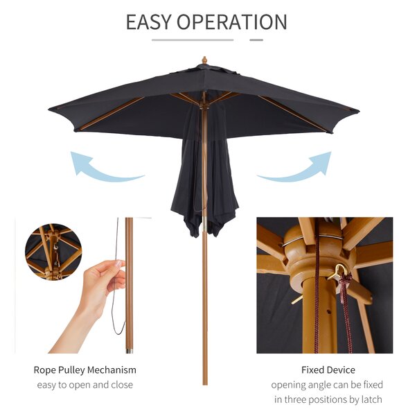 Outsunny Wooden Patio Parasol: 2.5m Outdoor Sun Umbrella, Weather-Resistant, Black Aosom UK