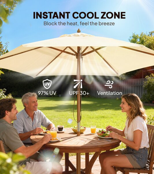 Outsunny 2.5m Wood Wooden Garden Parasol Sun Shade Patio Outdoor Umbrella Canopy New(Beige) Aosom UK