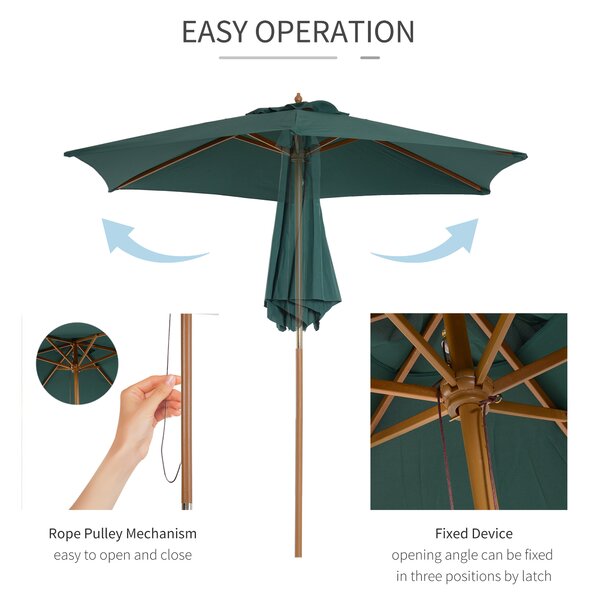 Outsunny Wooden Parasol: 2.5m UV-Protective Garden Umbrella with Pulley System, Dark Green Aosom UK