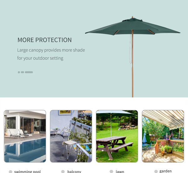 Outsunny Wooden Parasol: 2.5m UV-Protective Garden Umbrella with Pulley System, Dark Green Aosom UK
