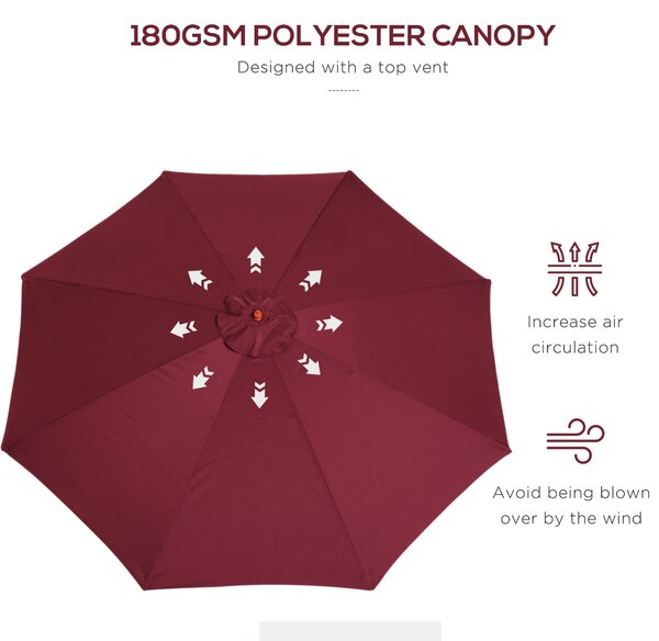 Outsunny ⌀3m Bamboo Wooden Market Patio Umbrella Garden Parasol Outdoor Sunshade Canopy, 8-ribs,Wine Red