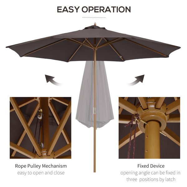 Outsunny Bamboo Wooden Patio Umbrella, 3m Garden Parasol with 8 Ribs, Outdoor Sunshade Canopy, Coffee Aosom UK