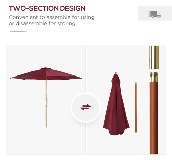 Outsunny ⌀3m Bamboo Wooden Market Patio Umbrella Garden Parasol Outdoor Sunshade Canopy, 8-ribs,Wine Red