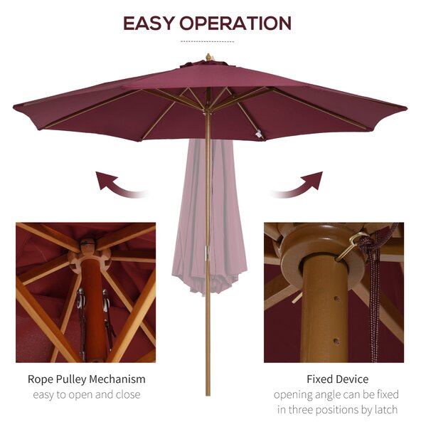 Outsunny ⌀3m Bamboo Wooden Market Patio Umbrella Garden Parasol Outdoor Sunshade Canopy, 8-ribs,Wine Red