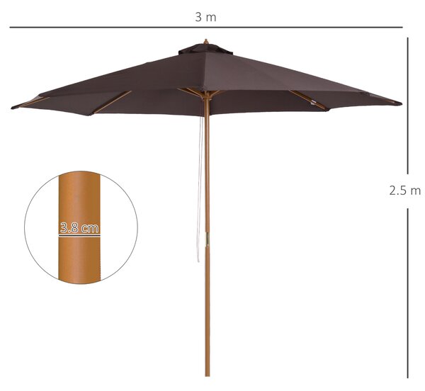 Outsunny Bamboo Wooden Patio Umbrella, 3m Garden Parasol with 8 Ribs, Outdoor Sunshade Canopy, Coffee Aosom UK