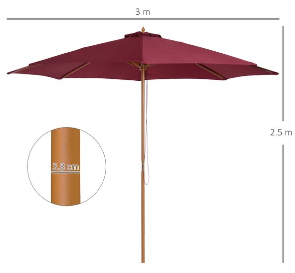 Outsunny ⌀3m Bamboo Wooden Market Patio Umbrella Garden Parasol Outdoor Sunshade Canopy, 8-ribs,Wine Red