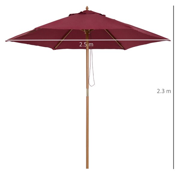 Outsunny Wooden Garden Parasol, 2.5m Outdoor Umbrella Sun Shade with Pulley System, Wine Red Aosom UK