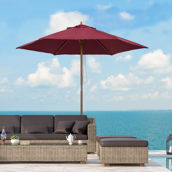 Outsunny Wooden Garden Parasol, 2.5m Outdoor Umbrella Sun Shade with Pulley System, Wine Red Aosom UK