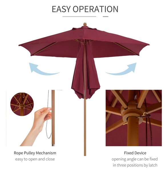 Outsunny Wooden Garden Parasol, 2.5m Outdoor Umbrella Sun Shade with Pulley System, Wine Red Aosom UK