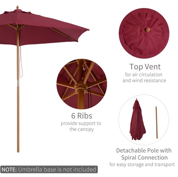 Outsunny Wooden Garden Parasol, 2.5m Outdoor Umbrella Sun Shade with Pulley System, Wine Red Aosom UK