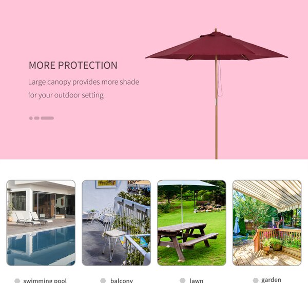 Outsunny Wooden Garden Parasol, 2.5m Outdoor Umbrella Sun Shade with Pulley System, Wine Red Aosom UK