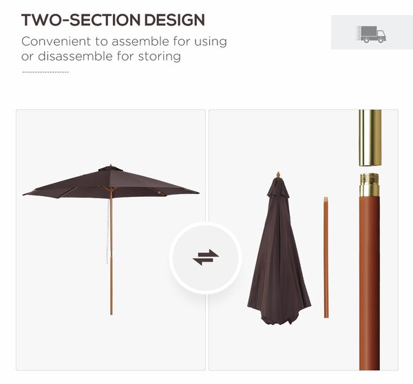 Outsunny Bamboo Wooden Patio Umbrella, 3m Garden Parasol with 8 Ribs, Outdoor Sunshade Canopy, Coffee Aosom UK