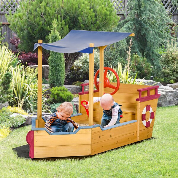 Outsunny Kids Wooden Sandbox Play Station, Covered Children Sand boat Outdoor, for Backyard, w/ Canopy Shade, Aged 3-8 Years Old, Orange Aosom UK