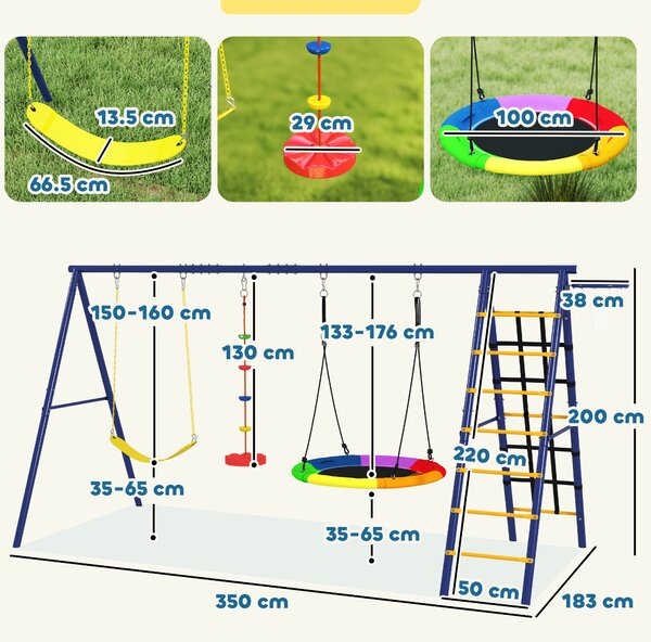 AIYAPLAY 6 in 1 Metal Kids Swing Set with 3 Swings, Climbing Ladder & Net, Basketball Hoop, for Ages 3-8