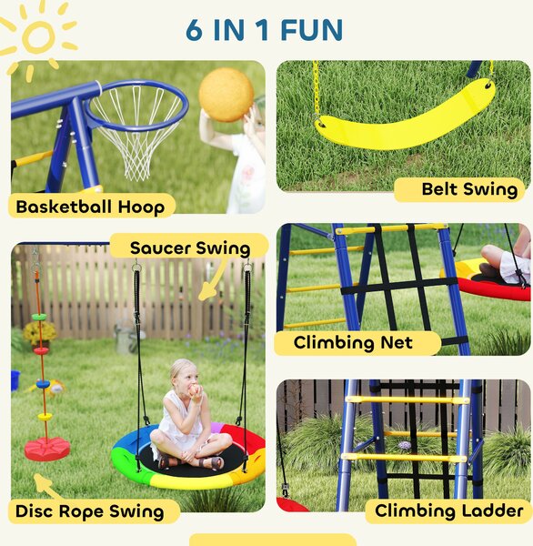 AIYAPLAY 6 in 1 Metal Kids Swing Set with 3 Swings, Climbing Ladder & Net, Basketball Hoop, for Ages 3-8