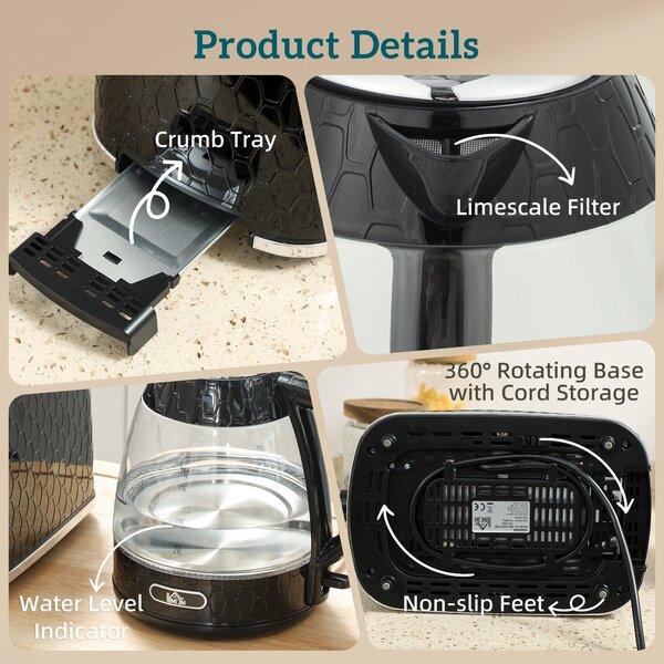 HOMCOM Kettle and Toaster Set, 1.7L 3000W Rapid Kettle with Limescale Filter, 2 Slice Toaster with 7 Browning Controls, Black